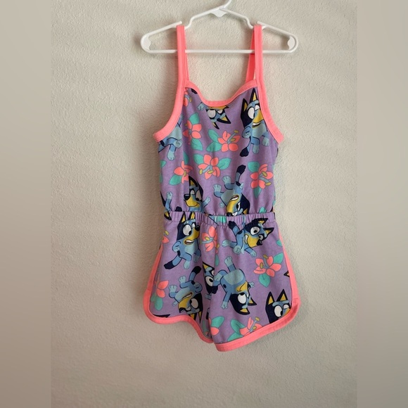 Bluey Girls purple and coral neon shorts romper with tropical flower print S6/6X - Picture 1 of 5